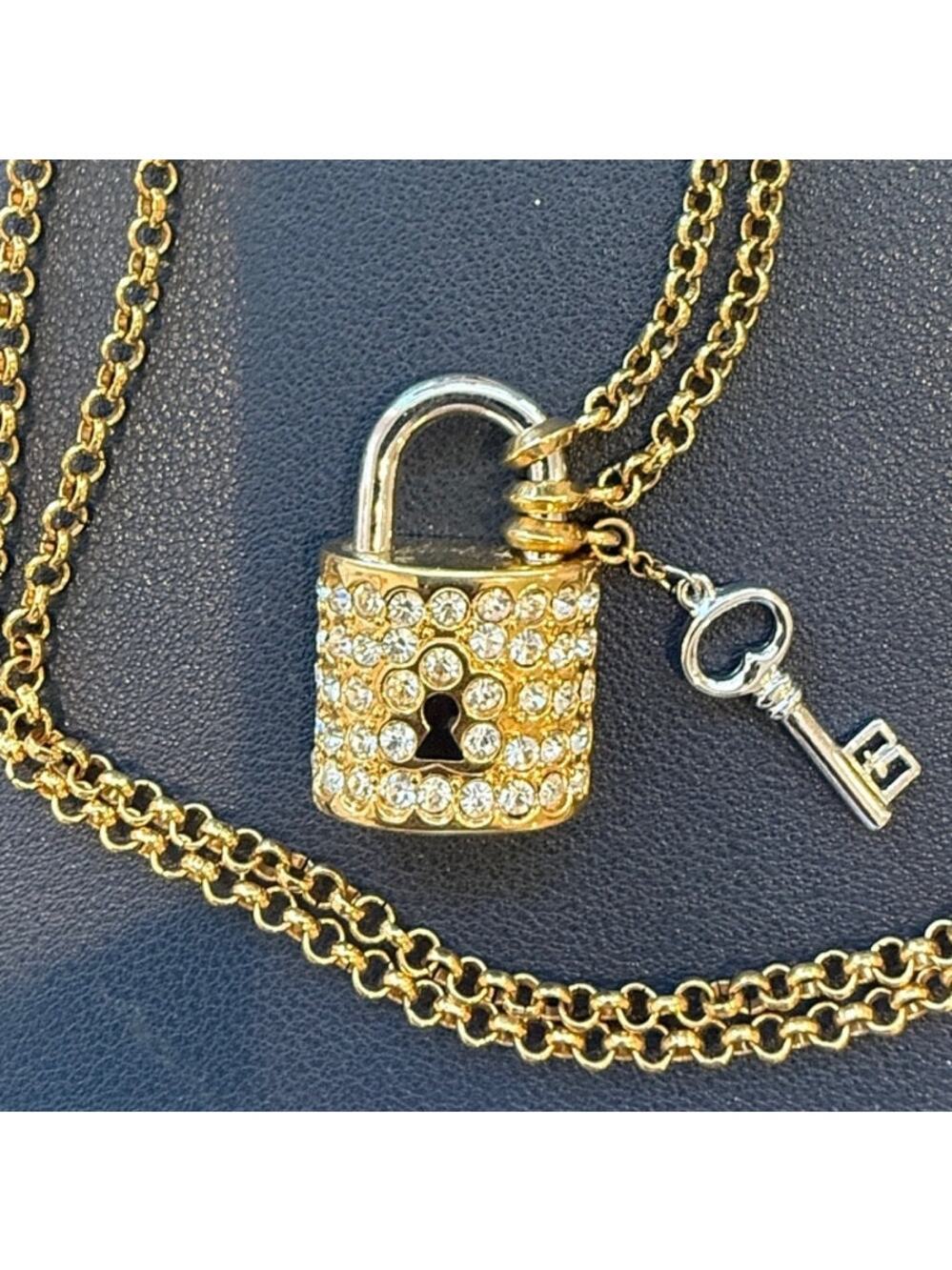 Vintage Joan Rivers Pave'‎ Rhinestones Lock and Key Pendant & Rope Necklace